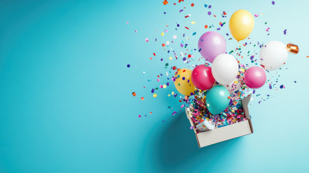 Overhead birthday celebration flat lay with colorful balloons and confetti bursting from a gift box, full of festive spiritの素材