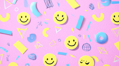 Pastel geometric pattern background with smiling faces and doodle shapesの素材