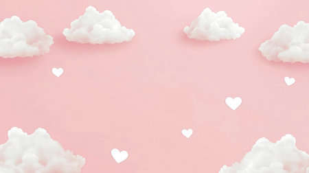 Pastel pink background with small white hearts and soft clouds for a sweet, romantic feelの素材