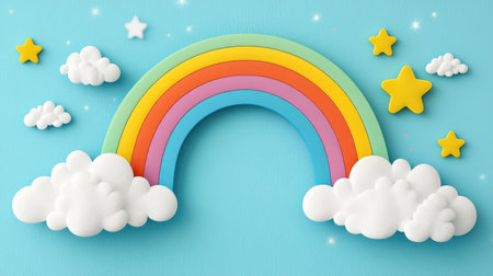 Rainbow arch background with clouds and stars in soft pastel styleの素材