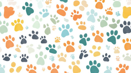 Simple white background with cute animal paw prints scattered in soft colorsの素材