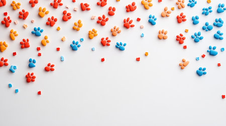 Simple white background with cute animal paw prints scattered in soft colorsの素材