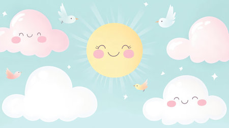 Sky background with smiling suns, fluffy clouds, and birds in pastel cartoon artの素材