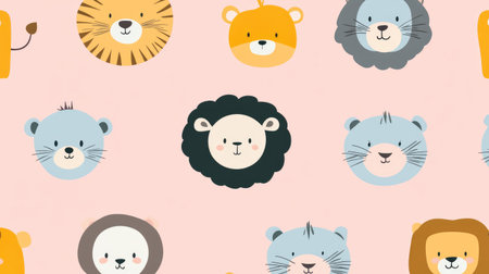 Soft pastel background with scattered cute animal faces in a tiled patternの素材