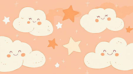 Soft peach background with hand-drawn smiling clouds and starsの素材