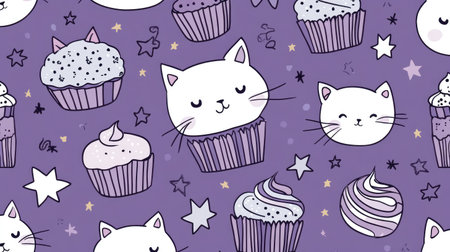 Soft lavender background with kawaii doodles of cats, stars, and cupcakesの素材