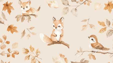 Soft tan background with woodland animals and hand-drawn leavesの素材