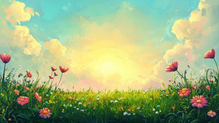 Spring meadow cartoon background with green grass, sun, and flowers in bloomの素材