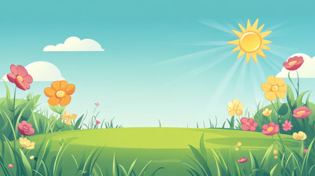 Spring meadow cartoon background with green grass, sun, and flowers in bloomの素材