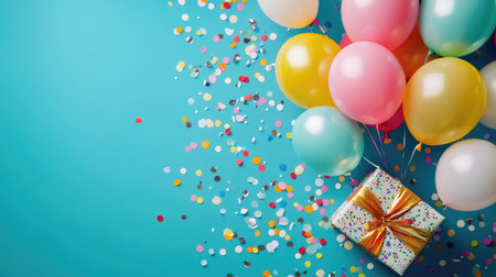 Top view of colorful balloons floating out from a gift box with confetti scattered around in birthday celebration styleの素材