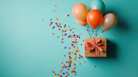 Top shot of colorful balloons and confetti escaping a decorative gift box, perfect for birthday party flat lay photographyの素材