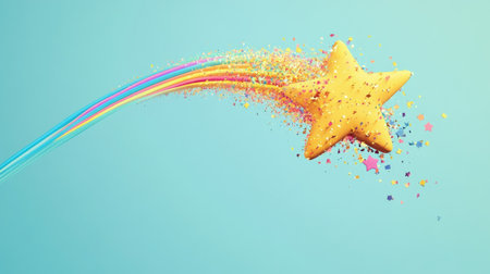 Sunshine and rainbows bursting from corner of a light blue background in cartoon styleの素材