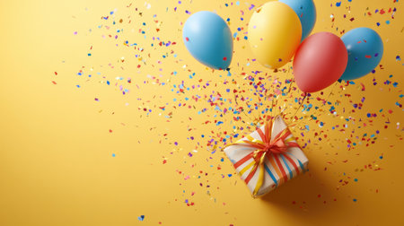 Top shot of colorful balloons and confetti escaping a decorative gift box, perfect for birthday party flat lay photographyの素材