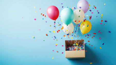 Top view of colorful balloons floating out from a gift box with confetti scattered around in birthday celebration styleの素材