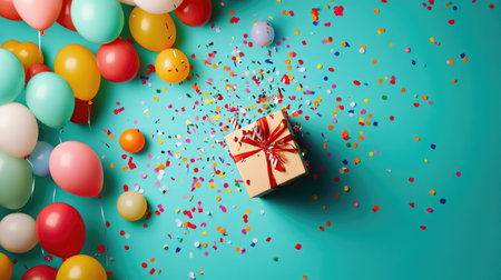 Top view of multicolored balloons and confetti flying from a birthday present box, set on a colorful party backgroundの素材