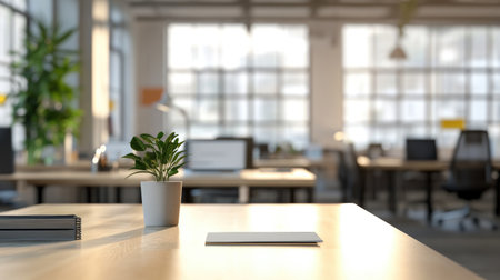 View of modern office background with large workstations, clean layout, and focused lightingの素材