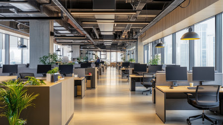 View of modern office background with large workstations, clean layout, and focused lightingの素材