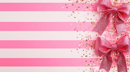 Pink and white striped background with cute bows and sparkles for girly themesの素材