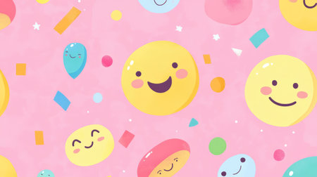 Pastel geometric pattern background with smiling faces and doodle shapesの素材