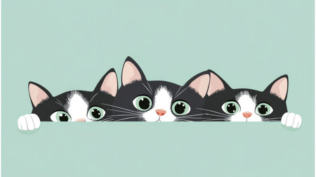 Mint background with cartoon cats peeking from the sides with playful expressionsの素材