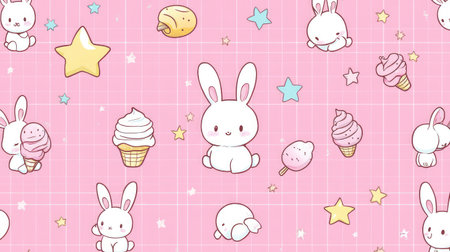 Pink grid background with cute stickers of bunnies, ice cream, and starsの素材