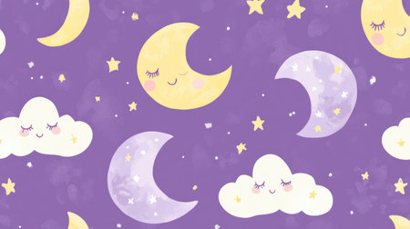 Soft purple background with cute sleepy moons and clouds in a dreamy themeの素材