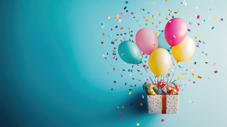 Top view of colorful balloons and confetti flying out of a gift box in a lively birthday celebration flat layの素材