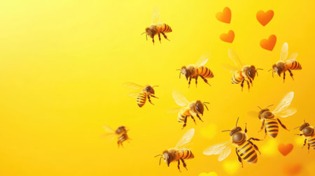 Yellow background with cartoon bees flying in heart-shaped pathsの素材