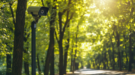 CCTV camera on pole monitoring empty park jogging track and tall trees in background, no people visible, outdoor security setupの素材