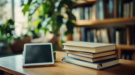 Bright and modern study desk with stacked books, planner, and a digital learning tabletの素材