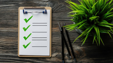 Clean study zone with checklist, pens, flashcards, and academic planner on tidy wooden surfaceの素材