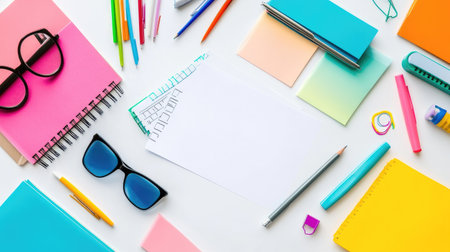 Clean and tidy study setup with checklists, writing supplies, and reference materials on white backgroundの素材