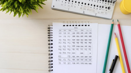 Clean desk with exam timetable, student ID, study notes, and pencils prepared for an academic testの素材