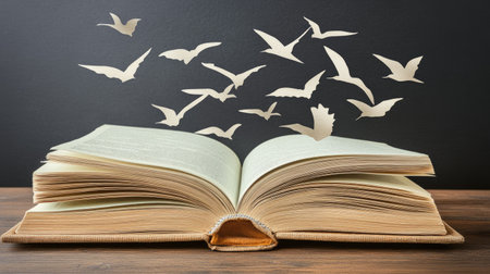 Artistic depiction of book pages transforming into flying birds symbolizing imaginationの素材