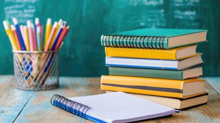 Books stacked beside a spiral notebook and a checklist, ready for a productive study dayの素材
