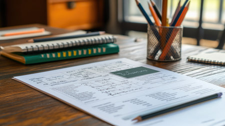 Clean desk with exam timetable, student ID, study notes, and pencils prepared for an academic testの素材