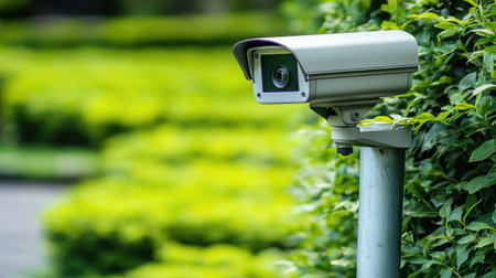 Close-up of outdoor surveillance camera on pole in vibrant green park area with trimmed grass and footpaths, no people, modern security technologyの素材