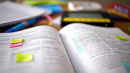 Close-up of textbook page with annotations, highlighters, and study timer on a focused deskの素材