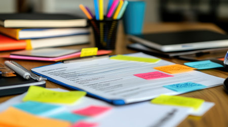 Close-up of exam preparation notes, sticky flags, and reference materials in a quiet study spaceの素材