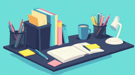 Desk organizer vector containing books, ruler, pen holder, and sticky notesの素材