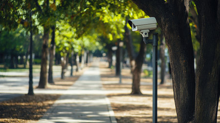CCTV camera mounted on metal pole with view of empty public park walking paths and dense trees, no visitors, safety surveillance techの素材