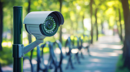 CCTV IP camera with zoom lens installed at green park entrance showing empty bike racks and walkways, no people, outdoor safety monitoringの素材