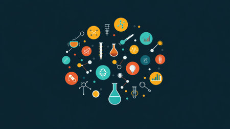 Conceptual vector art of scientific research icons placed in circular data frameworkの素材