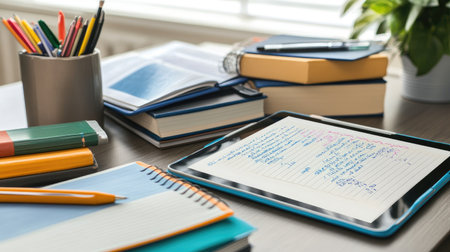 Digital tablet displaying study notes next to textbooks and writing utensils on a sleek deskの素材