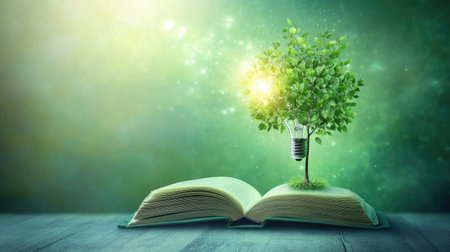Educational illustration with school book, lightbulb, and learning tree growing from pagesの素材