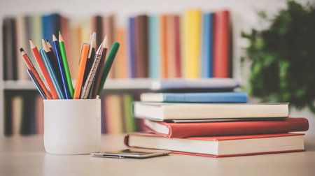Digital tablet displaying study notes next to textbooks and writing utensils on a sleek deskの素材