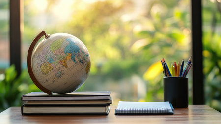 Educational study environment with a globe, stack of textbooks, and planner on a traditional wooden deskの素材