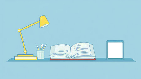 Flat style study illustration with open books, ruler, lamp, and digital tablet on a clean workspaceの素材