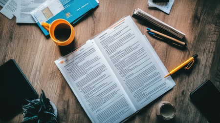 Flat lay of group study table with exam revision sheets, pens, and printed summary guidesの素材