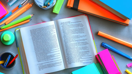 Flat lay of colorful study supplies and textbook open to a highlighted passage in quiet settingの素材